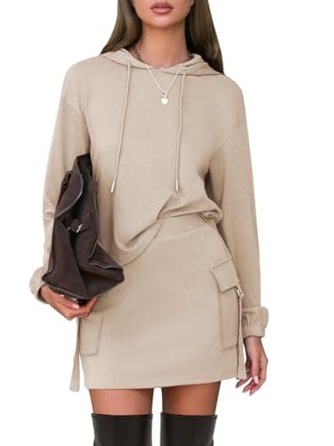 EXLURA Women Two Piece Set Cotton Sweatsuit Travel Airport Outfits 2026 Tracksuit Hooded Sweatshirt Cargo Skort Skirt Pockets - Image 1