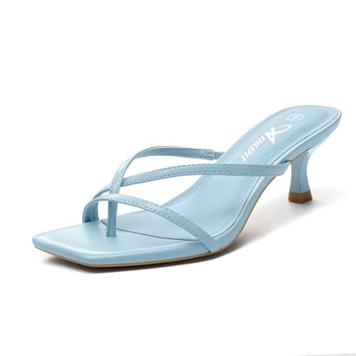Athlefit Kitten Heels for Women Strappy Blue Flip Flops Square Open Toe Low Heels Summer Dressy Thong Heeled Sandals for Party Wedding Size 9.5 - Image 1