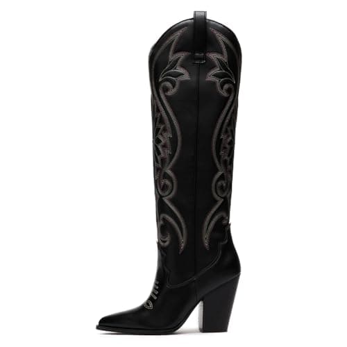VOMIRA Knee High Cowboy Boots for Women Pointed Toe Chunky High Heels Pull-on Embroidered Boots Western Boots Wide Calf Cowgirl Boots