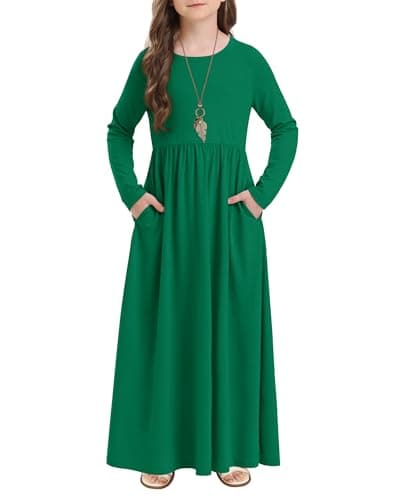 Stelle Girls Maxi Dress Long Sleeve Crew Neck Casual Dresses Fall Flowy Dress with Pockets Party Holiday Outfits Green - Image 1