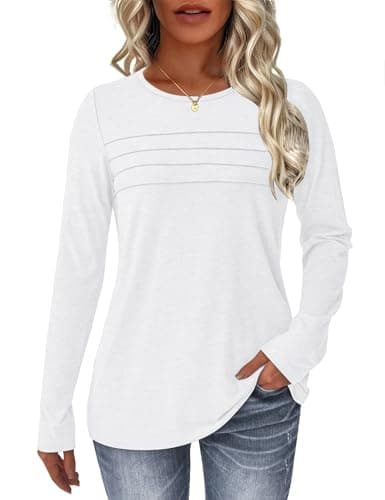 NORACORA Long Sleeve Shirts for Women Pleated Dressy Crew Neck Casual Business Blouses Trendy Fashion Tunic Basic Tops White L - Image 1