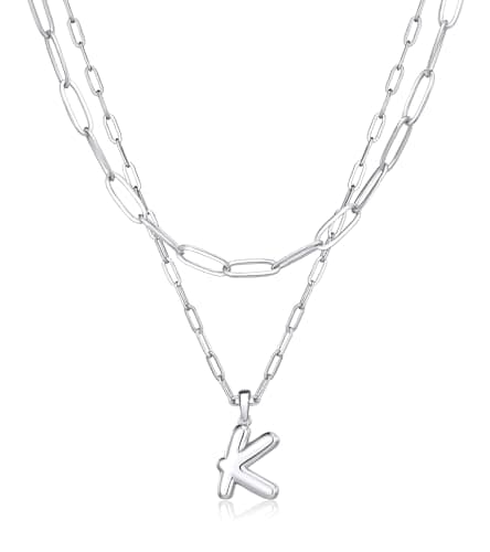 adoyi Easter Basket Stuffers Silver Initial Necklace for Women 14k Gold Plated Layered Bubble Letter Necklaces Trendy Jewelry Chain Name K Pendant Necklace Stack Birthday Valentines Gifts - Image 1