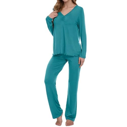 Navisting Women's Soft Knit Pajamas Set V-Neck Top and Pants Long Sleeve Two Piece Loungewear Elegant Wavy Hem Sleepwear with Color Options Teal S - Image 1