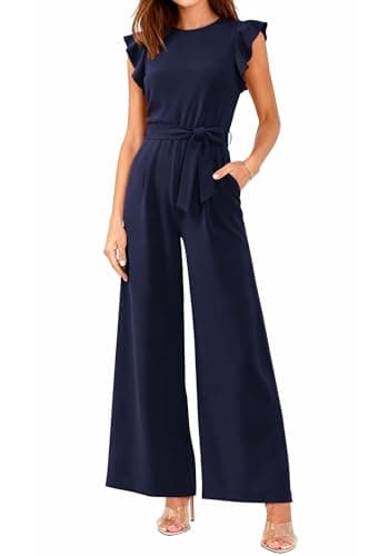 BTFBM Jumpsuits For Women 2026 Crew Neck Dressy Cap Sleeve Belted High Waist Wide Leg Romper One Piece Casual Outfits Pockets(Navy, XX-Large) - Image 1