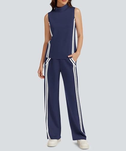 Casly Lamiit Two Piece Lounge Sets for Women Travel Outfits Casual Track Suit Sleeveless Tops Wide Leg Pant Summer Tennis Set Activewear Navy Blue XS - Thumbnail 3