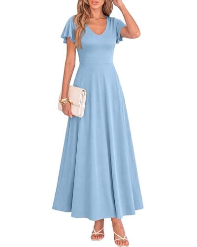 BTFBM Formal Dresses for Women Summer Outfits V Neck Ruffle Sleeve A Line Maxi Elegant Cocktail Wedding Guest Dress 2026(Light Blue, X-Large) - Image 1