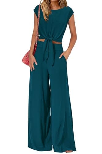PRETTYGARDEN Women 2 Piece Lounge Sets 2026 Casual Summer Outfits Cap Sleeve Strappy Crop Tops Wide Leg Pant Tracksuit(Dark Blue,Large) - Image 1