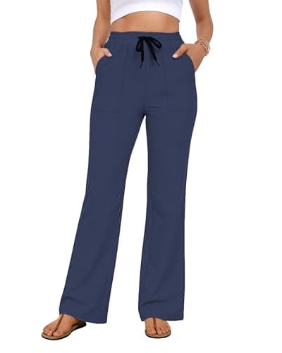 AGVNG Wide Leg Pants for Women Casual Travel Work Lounge Trousers Lightweight Pants High Waisted Elastic Waist Drawstring Comfy Pants with Pockets Navy Blue XXL - Image 1