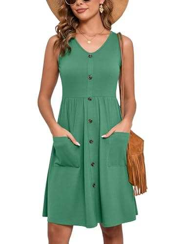 Heymoments Women Summer Dress Malachite Green X-Large Sleeveless V Neck Casual Cute Loose Sundress Comfy Swing Button Down Midi Work Flowy Tunic Ladies Beach Vacation Teacher Dresses with Pockets - Image 1