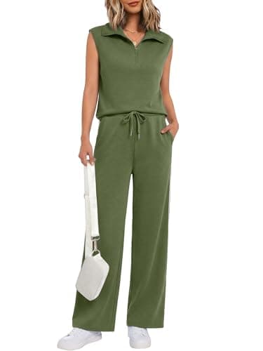 Casly Lamiit Two Piece Sets for Women 2026 Summer Travel Airport Outfits Half Zip Sleeveless Top Wide Leg Sweatpants Casual Lounge Set Army Green XL - Image 1