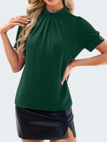Funlingo Dressy Casual Tops for Women Short Puff Sleeve Work Blouses Mock Neck Flowy Office Tunic Shirts 2026 Summer Clothing Green M - Thumbnail 5