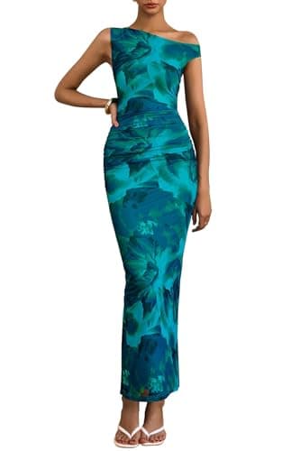 PRETTYGARDEN Women's 2026 Summer Floral One Shoulder Maxi Dress Wedding Guest Ruched Mesh Bodycon Long Cocktail Dresses (Floral Lake Blue, Large) - Image 1