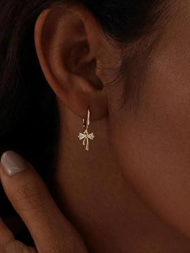 Dangle Earrings for Women 14K Gold Plated Cubic Zirconia Hoop Earrings Dainty Bow Diamond Drop Earring Wedding Jewelry for Brides - Thumbnail 3