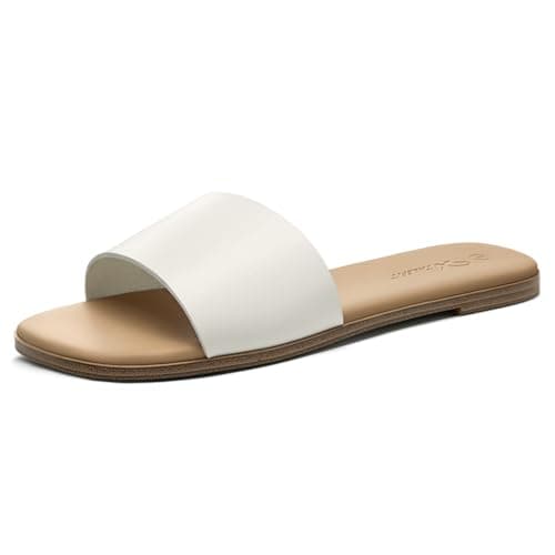 Athlefit White Flat Sandals for Women Square Toe Comfortable Slip On Summer Dressy Casual Slide Sandals Size 7 - Image 1