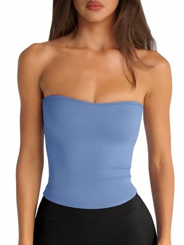 LASLULU Womens Bandeau Tube Top Cropped Workout Athletic Shirts Sexy Basic Strapless Yoga Gym Pilates Tops Y2K Summer Fashion 2026(Sky Blue X-Large) - Image 1