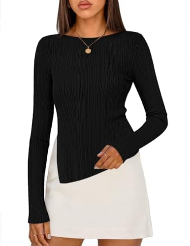 MEROKEETY Women's Fall Long Sleeve Sweater Tops 2025 Boat Neck Ribbed Asymmetric Lightweight Knit Shirts, Black, X-Large - Image 1