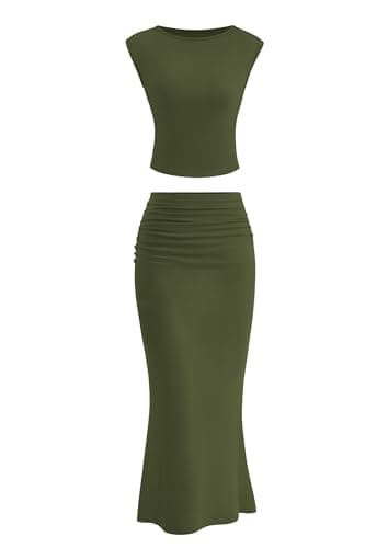 PRETTYGARDEN Skirt Sets Women 2 Piece Outfits Summer Outfits 2026 Going Out Crop Tops Long Maxi Skirts Beach Vacation Clothes(Army Green,XX-Large) - Image 1