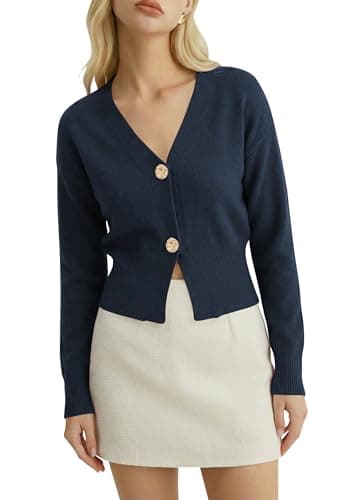V Neck Cropped Cardigan Women’s Button Down Knit Sweater with Gold Detail for Stylish Layering Looks Navy XL - Image 1