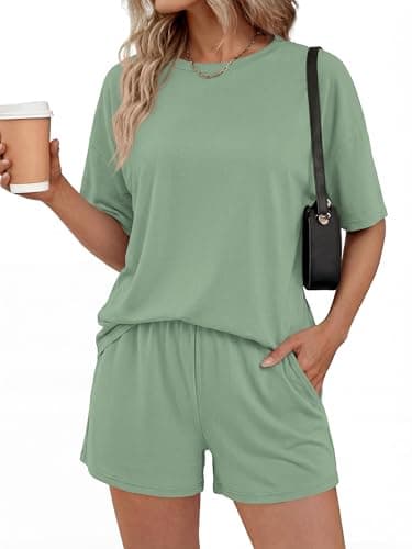 BTFBM 2 Piece Short Sets For Women 2026 Summer Airport Travel Vacation Outfits Loose Matching Clothing Spring Lounge Set(Grey Green, X-Large) - Image 1