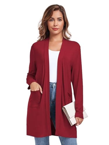 TownCat Womens Lightweight Cardigan with Pocket, Long Sleeve Open Front Casual Loose Cardigan for Women (WineRed1, X-Large) - Thumbnail 2