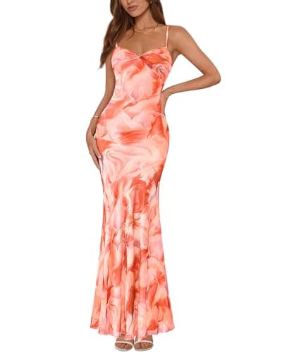 BTFBM Summer Dresses for Women 2026 Spaghetti Straps Sundress Twist Knot Mesh Mermaid Wedding Guest Dress Beach Vacation(Watercolour Orange, Medium) - Image 1