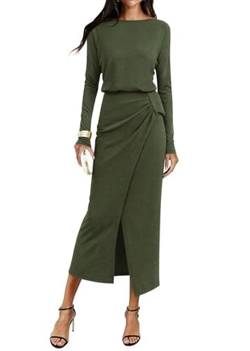 KIRUNDO Long Sleeve Dress for Women 2026 Spring Summer Boat Neck Cocktail Wedding Guest Knit Wrap Ruched Slit Maxi Dresses(Army Green, Small) - Image 1