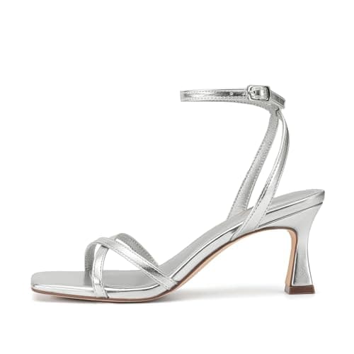 Athlefit Kitten Heels for Women Square Open Toe Strappy Heeled Sandals Ankle Strap Dress Silver High Heels for Prom Party Wedding Size 10 - Thumbnail 4