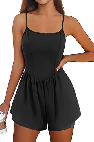 Ekouaer Womens Summer Sleeveless Workout Rompers Athletic Jumpsuit Double Lined Shorts One Piece Gym Yoga Clothes Black - Image 1