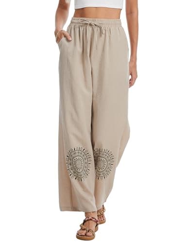 Demoking Cotton Linen Pants Women Straight Leg Casual Loose Drawstring Hippie Beach Vacation Clothes Apricot M - Image 1