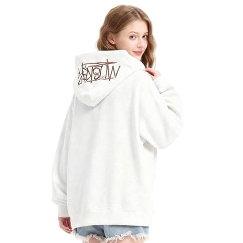 jnospne Womens Oversized Hoodies Y2k Embroidered Letter Graphic Hoodie for Teens Hooded Streetwear Sweatshirts Pullover White - Image 1