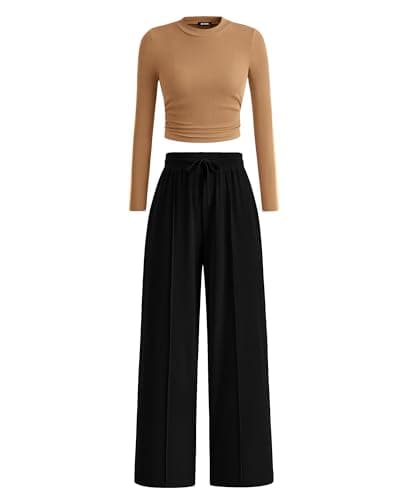 BTFBM Casual 2 Piece Sets For Women Fall Outfits 2026 Ribbed Spring Long Sleeve Crop Top Wide Leg Pants Matching Lounge Set(Camel Black, X-Large) - Image 1