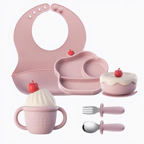 COZY ROCK Silicone Baby Feeding Set, Gelato Collection Baby Led Weaning Supplies, First Self-Feeding Ice Cream Set, Silicone Suction Bowl with Cherry Lid & Plate, Straw Cup & Bib, Fork & Spoon - Pink