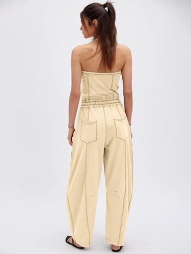 Sexyasasii Jumpsuits for women Strapless Romper Summer Casual Off the Shoulder Long Barrel Pants One Piece Outfits with Pockets - Thumbnail 2