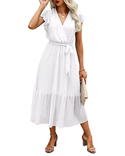 BTFBM Women Summer Bohemian Floral Casual Wrap V Neck Ruffle Cap Sleeveless Belt A-Line Pleated Hem Swing Midi Sun Dress (Swiss Dot White, x_l) - Image 1