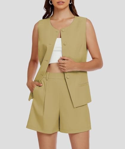 Casly Lamiit Two Piece Short Sets for Women 2025 Summer Sleeveless Work Waistcoat Dressy Casual Outfits Matching Professional Casual Suit Mustard Yellow XL - Thumbnail 3