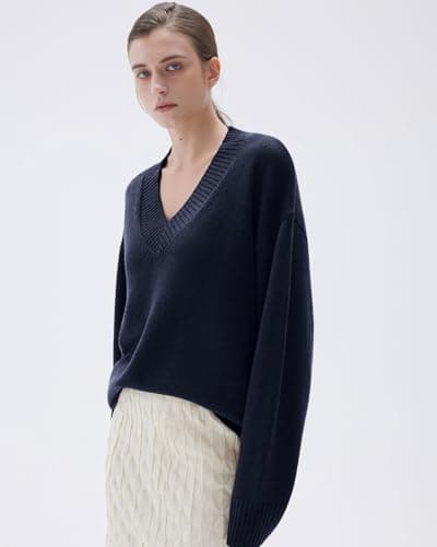 SUUKSESS Women Cashmere Oversized Sweaters V Neck Pullover Tops Fall Winter Long Sleeve Jumpers (Navy Blue,L) - Thumbnail 2