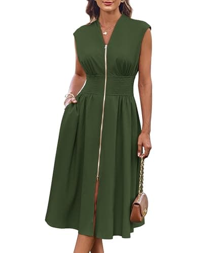 GRACE KARIN Womens Dress to Work V Neck Zipper Front Cap Sleeve Smocked High Waist Business Office Dress Army Green L - Image 1