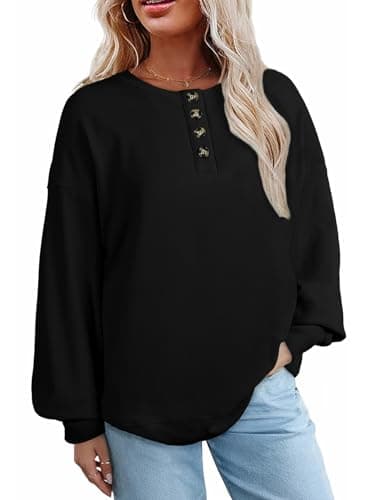 AlvaQ Plus Size Oversized Sweatshirts for Women Fall Fashion 2025 Loose Long Sleeve Button Up Hoodies Henley Tops Black Large - Image 1