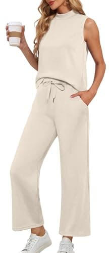 Lepunuo Women's Summer 2 Piece Outfits Mock Neck Top Wide Leg Pants Lounge Sets Vacation Travel Outfits Matching sets - Image 1
