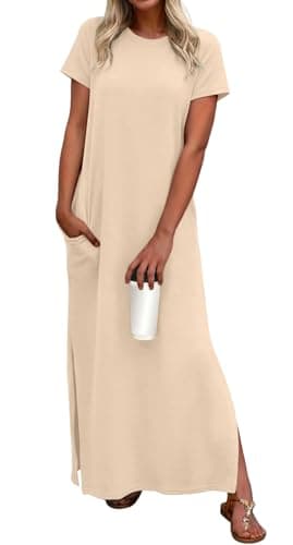 Lepunuo Women Casual Loose Sundress Short Sleeve Split Maxi Long Beach Dress Travel Vacation Summer Outfits A- Apricot - Image 1