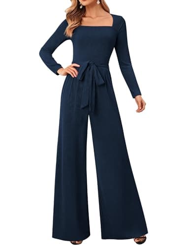 LOOKBOHO Women's Dressy Jumpsuits Casual Square Neck Wide Leg Long Pants Rompers with Pockets One Piece Outfits Navy M - Image 1