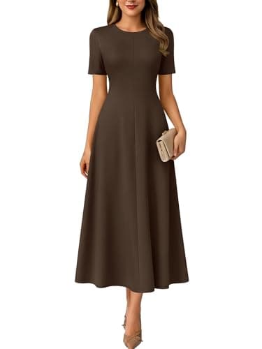 ANRABESS Womens Summer Maxi Dresses Casual Short Sleeve Elegant Classy Vintage 2026 Spring Flowy Cocktail Dress 80s Outfit Brown Large - Image 1