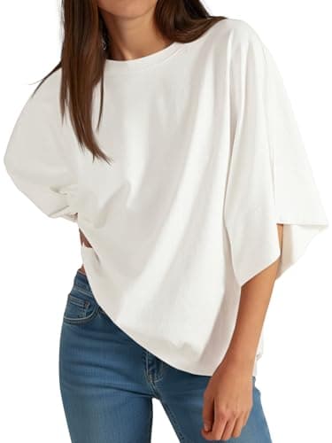 Cicy Bell Womens Oversized Half Sleeve T-Shirts Summer Casual Crew Neck Tshirt Loose Fit Side Slit Tee Tops White - Image 1
