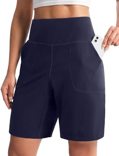 Cyasundent Women's 9" Athletic Shorts with Pockets High Waisted Bermuda Long Shorts for Women Casual Running Walking(Navy_S) - Image 1