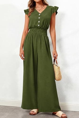 dowerme Women's Jumpsuits Dressy Casual 2026 Summer Ruffle Cap Sleeve V Neck Button Smocked Rompers Wide Leg Overalls(Army Green,Small) - Thumbnail 5