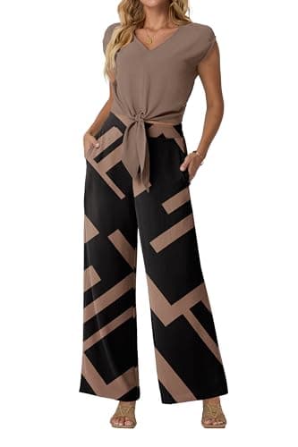 Lepunuo Women's 2 Piece Outfits 2025 V Neck Belted Crop Tops Linen Wide Leg Pants Summer Casual Beach Matching Set - Image 1