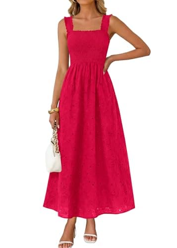 KIRUNDO Summer Lace Dress Vacation Outfits for Women 2026 Wedding Guest Dresses Maxi Beach Boho Sleeveless Cotton Sundress (Red, Medium) - Image 1