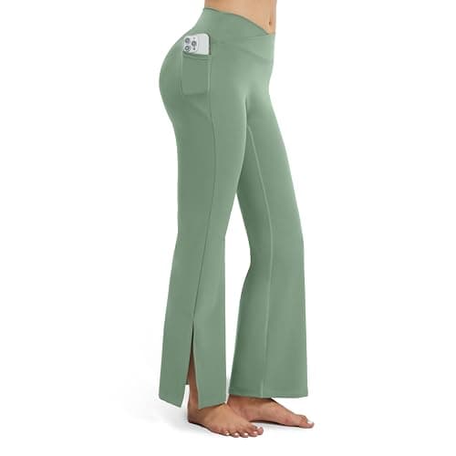 AMLEER Women's V Waist Side Split Wide Leg Yoga Leggings - High Waisted Crossover Stretchy Workout Flare Yoga Pants（Grass Green, Large - Image 1