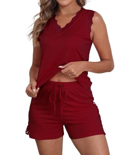 COSSEN Pajama Sets For Women 2 Piece Burgundy Medium Sleeveless Soft Loose Fit Cute Teen Comfy Lounge Casual V Neck Girls' Summer Sleepwear Tops and Shorts PJS with Pockets - Image 1