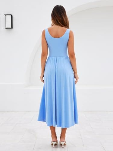 YATHON Ruched Dresses for Women Casual Summer Drop Waist Sleeveless Maxi Dress Light Blue Sundresses Midi with Pockets(YT645-Gary Blue,S) - Thumbnail 3